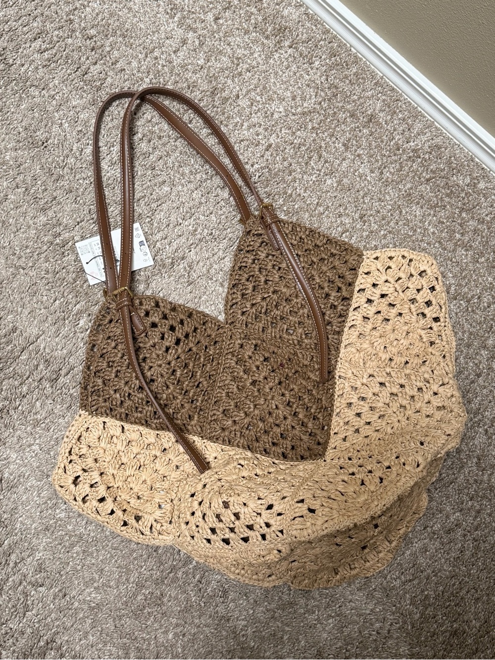 New Woven Crochet Tote Bag - Brown & Beige
